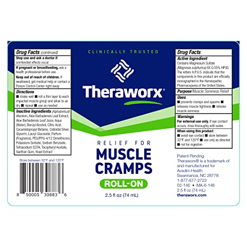 Relief Roll-On para Cãibras Musculares – Alívio Rápido de Espasmos Musculares e Dor nas Pernas com Sulfato de Magnésio – 75 ml – 1 Unidade - Theraworx