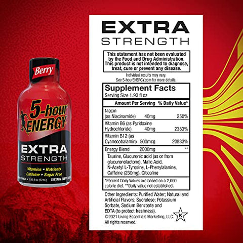 Shots Extra Strength, Sabor de Frutas Vermelhas | 1,93 oz (54,7 g) | Sem Açúcar, Zero Calorias | Aminoácidos e Vitaminas B Essenciais | Suplemento Alimentar | Sinta-se Alerta e Energizado - 5-hour ENERGY