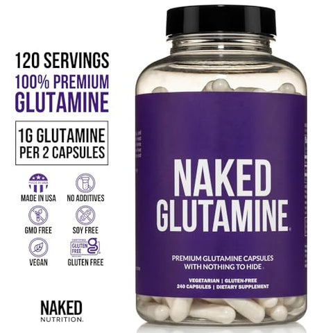 Naked Nutrition - Naked L-Glutamina Cápsulas para Recuperação Muscular, 1000mg, 240 Unidades, Fabricado nos EUA, Livre de OGM, Sem Glúten e Soja