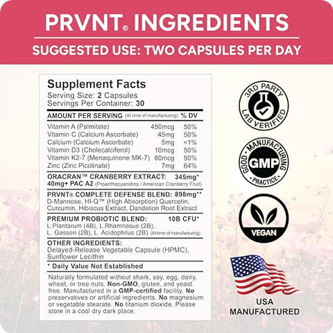 PRVNT - 40mg PAC + D-Manose e Probióticos | Suplemento de Cranberry Mais Poderoso para a Saúde do Trato Urinário | Cápsulas de Cranberry para Mulheres