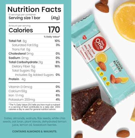 Barra de Limão e Amêndoa Step One Foods, Lanche Saudável para o Coração com Esterois Vegetais, Ômega 3 e Fibra Alimentar, Sem Glúten, Vegano, Granola (12 Unidades)