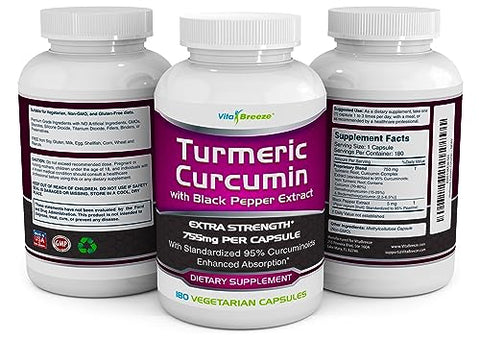 VitaBreeze - Complexo de Curcumina de Cúrcuma com Extrato de Pimenta Preta – 755mg por Cápsula, 180 Cápsulas Vegetais – Contém Piperina (para Absorção Superior e Bio-disponibilidade da Cúrcuma) e 95%