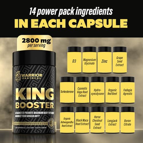 WARRIOR PROTOCOL - King Booster – Pílulas de Vitalidade Masculina para Crescimento Muscular Magro, Aumento de Resistência e Suporte à Recuperação | com Turkesterone, Tongkat Ali e Fadogia Agrestis