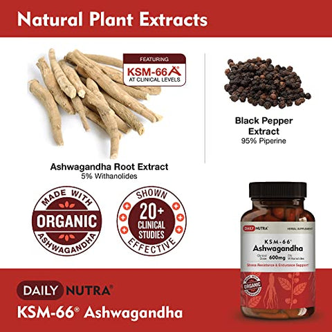 DailyNutra - KSM-66 Ashwagandha 600mg Extrato de Raiz Orgânica – Suplemento de Alta Potência com 5%% Withanolides | Suporta Relaxamento, Foco | Marca KSM-66