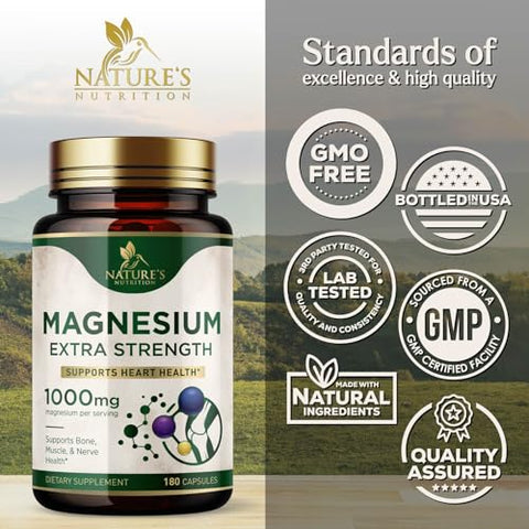 Nature's Nutrition - Magnésio Extra Forte 1000mg – Quelado para Absorção Ultra, Suplemento de Magnésio para Saúde Óssea e Muscular