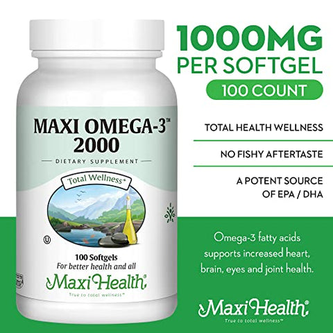 Maxi Health - Óleo de Peixe Ômega 3 – Triplo Forte 2000 mg Suplemento de Óleo de Peixe Kosher – Ômega 3 sem Gosto de Peixe – Suplemento de Ômega 3 sem Arroto – Suplemento de Ácido Graxo Ômega 3 sem Gosto de Peixe com EPA e