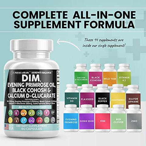 DIM 300mg Óleo de Prímula 3000mg Cohosh Preto 3000mg D-Glucarato de Cálcio 250mg Sulforafano Extrato de Semente de Linhaça – Vitaminas de Suporte Hormonal para Mulheres com - Clean Nutraceuticals
