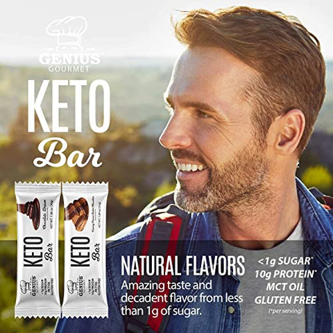 Barra de Proteína Keto Sem Glúten, Chocolate Keto Bars, MCTs Premium, Baixo Carboidrato, Baixo Açúcar (Pacote Sortido, 20 Unidades) - Genius Gourmet