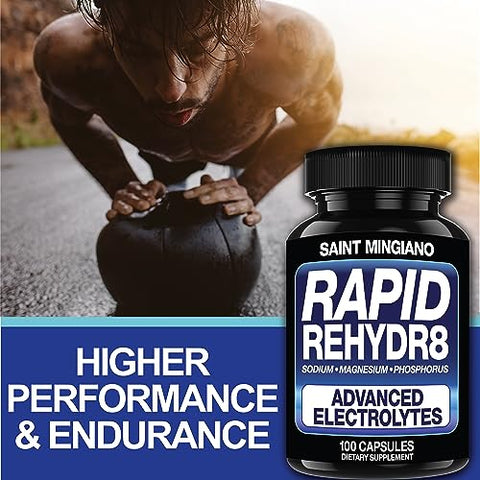 Saint Mingiano - Suplemento Eletrolítico Rapid Rehydr8 100 Cápsulas – Auxilia na Prevenção de Cãibras e Apoia a Resistência Muscular e Recuperação – 100 Cápsulas Fáceis de Engolir