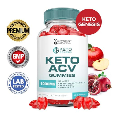 Justified Laboratories - (5 Pacotes) Gomas Keto Genesis Keto ACV Fórmula Avançada 1000MG Gomas Keto Genesis Keto Vinagre de Maçã Formulado com Suco de Romã em Pó B12 Vegano Não GMO 300g