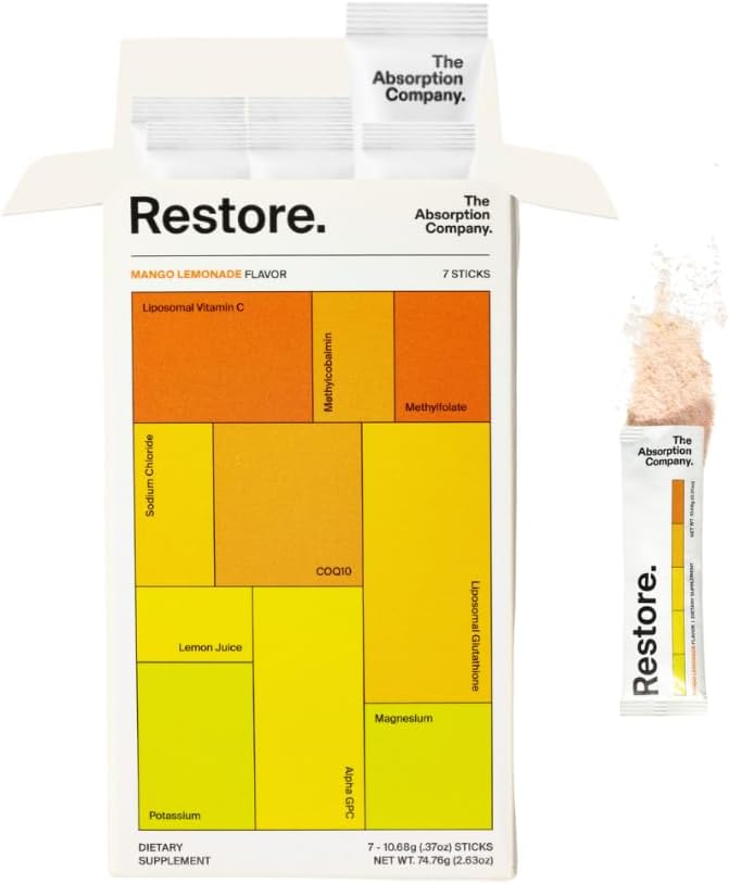 The Absorption Company - Restaurador de Energia – Limonada de Manga – 700mg de Pó de Eletrólitos para Hidratação Pós-Treino ou Manhãs Agitadas, Reforço Imunológico com Vitamina C Lipossomal – Marca Restore