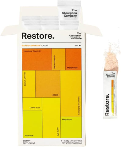 The Absorption Company - Restaurador de Energia – Limonada de Manga – 700mg de Pó de Eletrólitos para Hidratação Pós-Treino ou Manhãs Agitadas, Reforço Imunológico com Vitamina C Lipossomal – Marca Restore