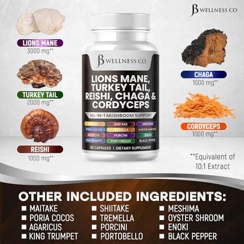 JB Wellness Co - Lions Mane 3000mg + Turkey Tail 2000mg + Reishi 1000mg + Cordyceps 1000mg + Chaga 1000mg + Marshmallow Root 180 Cápsulas | Suporte Cognitivo e Imunológico | Saúde com 20in1 Cogumelo | Marca em Destaque