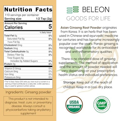 Beleon Goods For Life - Pó de Raiz de Ginseng Orgânico 113g – Suplemento Herbal Panax Ginseng, Ginsenosídeos Ativos, Rico em Antioxidantes