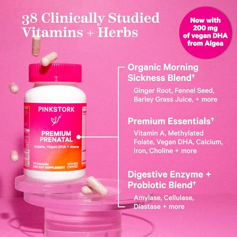 Vitaminas Pré-Natais Premium para Mulheres – 25 Vitaminas com Ingredientes Orgânicos de Alimentos Integrais - Pink Stork