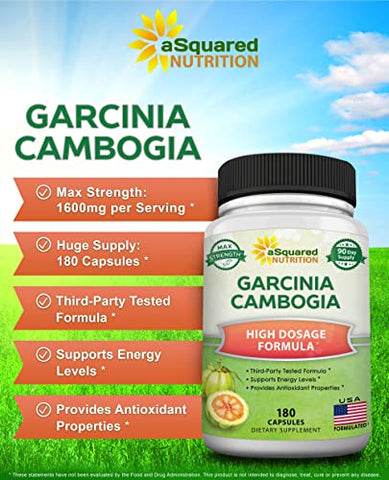 Garcinia Cambogia 1600mg-180 Cápsulas – Extrato Puro Natural para Saúde Cerebral – HCA Ultra Padronizado - aSquared Nutrition