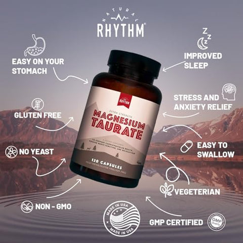 Magnésio Taurato Natural Rhythm, Alta Absorção, 750mg (150mg de Magnésio Elemental) 120 Cápsulas