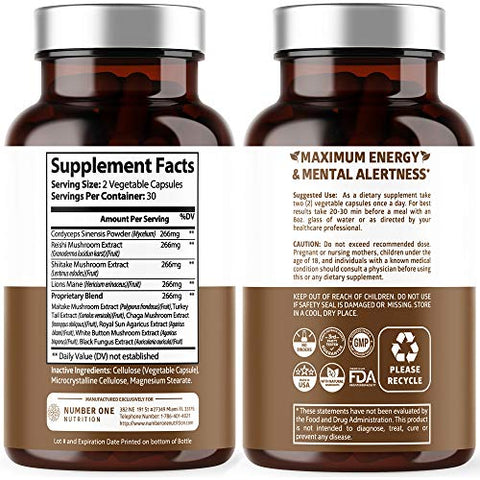 Number One Nutrition - N1N Complexo Premium de Cogumelos [10X Potentes] com Reishi, Cabeça de Leão, Cordyceps, Chaga, Cauda de Peru e Maitake para Apoiar a Saúde, Funções Cerebrais e Níveis de Energia, 60 cápsulas