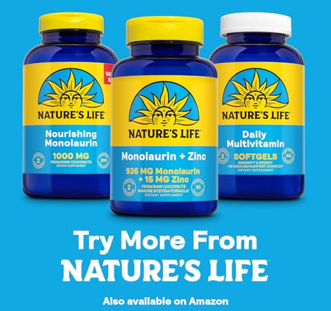 Nature's Life - Nature’s Life Monolaurin Plus Zinc – Suporte Imunológico com 936mg de Monolaurina de Coco Cru, 15mg de Zinco, Promove Saúde Intestinal, Flora Intestinal Equilibrada, Garantia de 60 Dias, 45 Porções