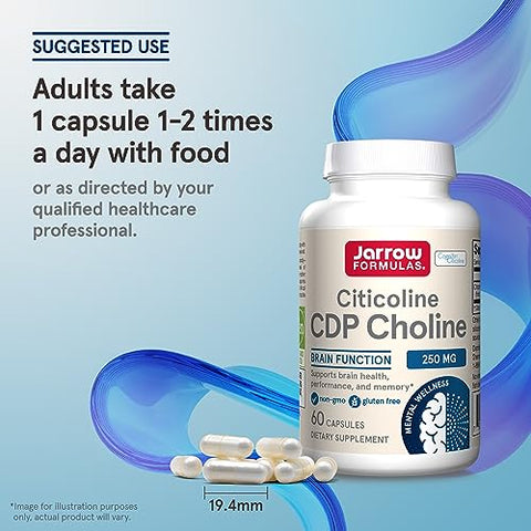 Cápsulas de CDP Colina, Suplemento Alimentar de 250 Mg para Memória e Saúde Cerebral, 60 Cápsulas Vegetarianas, Fornecimento de 60 Dias - Jarrow Formulas