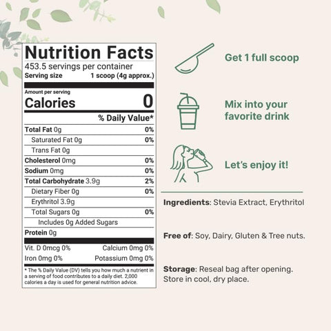 Micro Ingredients - Stevia Sweetener Powder com Eritritol à base de Plantas, 4 Libras (64 Onças) | Keto, 0 Calorias, Baixo Carboidrato, Substituto de Açúcar 4:1, Adoçante Natural, Sem Amargor, Folha de Stevia Reb-A