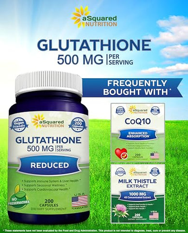 Glutationa Reduzida 500mg por Porção – 200 Cápsulas – Antioxidante L-Glutathione para Apoiar a Saúde do Fígado - aSquared Nutrition