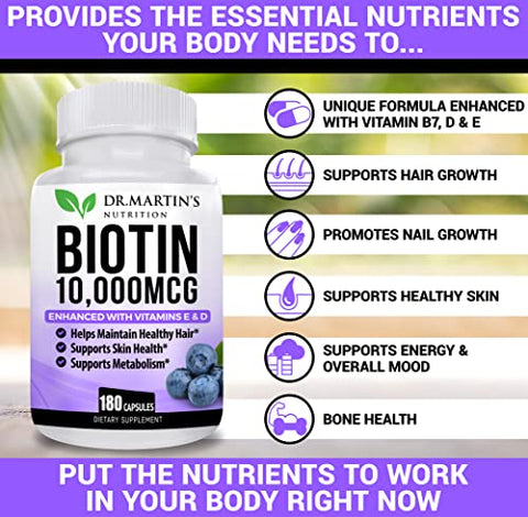 DR. MARTIN'S NUTRITION - Potente Biotina (Vitamina B7) 10.000 mcg com Vitamina D – Fortaleça seus cabelos e unhas