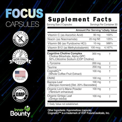 Inner Bounty - Focus Suplemento Cérebro 14 em 1 com Lion’s Mane, Alpha GPC Colina, Vitamina C – 60 cápsulas