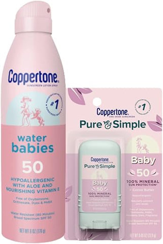 Protetor Solar para Bebês, Kit com Protetor Solar Coppertone WaterBabies FPS 50 Spray, Lata de 177 ml, Protetor Solar Coppertone Pure and Simple Stick para Bebês, Protetor Solar Mineral FPS 50, Sem Lágrimas - Coppertone