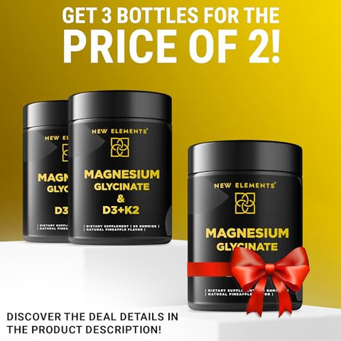 New Elements - Calm Gummies de Magnésio Glicinato 500mg com Vitamina D3 10000 UI e Vitamina K2 100mg – Relaxamento Saudável para Adultos, Vegano, Não-OGM