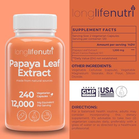 LongLifeNutri - Extrato de Folha de Mamão 10:1 12000mg – 240 Cápsulas Vegetarianas, 4 Meses de Fornecimento, da Carica Papaya para Produção de Plaquetas Sanguíneas