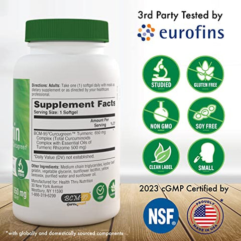 Health Thru Nutrition - Saúde Através da Nutrição Curcumin 650mg BCM-95 Curcugreen | Complexo de Cúrcuma Curcumin | Alta Absorção | Resposta Saudável à Inflamação | Estudo Clínico | Testado por Terceiros | 60 Cápsulas