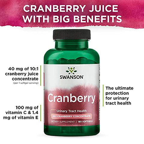 Cranberry – Suporte à Saúde do Trato Urinário, Controle da Bexiga e Função Renal Saudável – Concentrado de Suco de Cranberry 20:1 – 180 cápsulas - Swanson