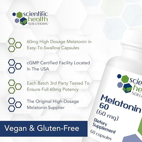 Scientific Health Solutions - Melatonina 60mg | Cápsulas Fáceis de Engolir com Alta Dosagem | Vegano, Não-OGM