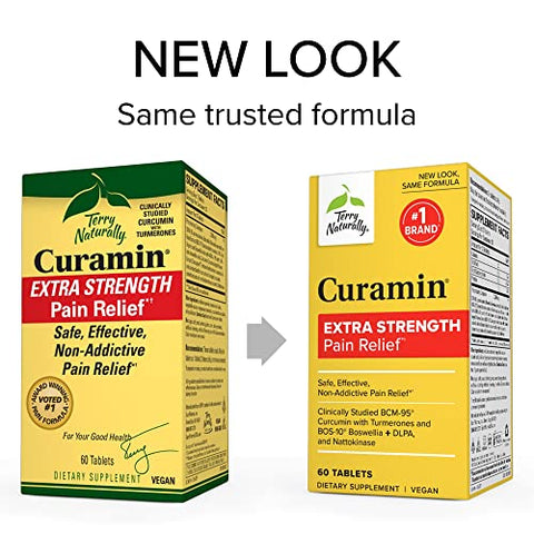 Curamin Extra Strength – 60 Comprimidos, Pacote de 2 – Alívio Não-Viciante da Dor com Curcumina de Cúrcuma, Boswellia - Terry Naturally