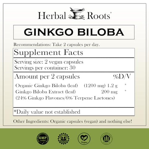 Ginkgo Biloba Herbal Roots – Folha de Ginkgo Pura Orgânica – 1.400mg por Porção, 60 Cápsulas Veganas