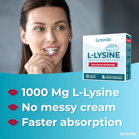 Lyranda - Tabletes mastigáveis de L-Lisina 1000 mg para tratar herpes labial – Absorção mais rápida e melhor higiene