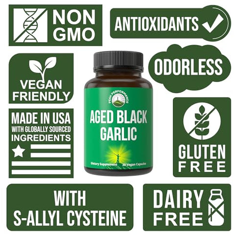 Cápsulas de Alho Negro Envelhecido Peak Performance. Suplemento Puro Vegano em Cápsulas Odorless para Colesterol e Suporte Imunológico. da Bulbo de Alho com S-Allyl Cysteine e