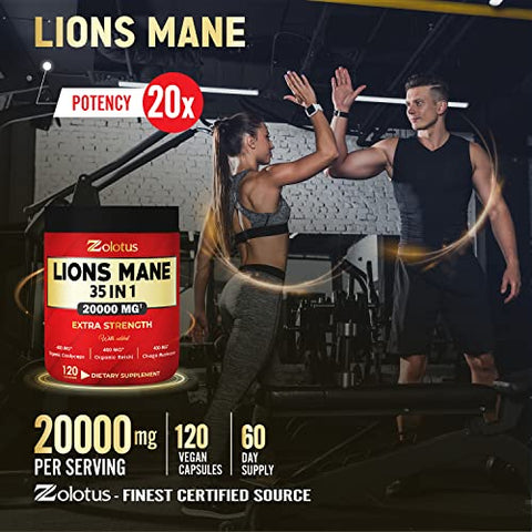 Zolotus - 35 em 1 Cápsulas de Cogumelo do Leão, Equivalente a 20000mg, com Cordeyceps, Reishi, Sabugueiro, Ginseng Panax, Foco, Memória