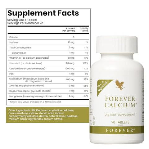 Forever Living Products - Forever Living – Forever Calcium® – Suporte Ótimo à Saúde Óssea – Sem Glúten – Mistura de Malato de Di-Cálcio, Vitamina D, Magnésio e Zinco – 120 Comprimidos