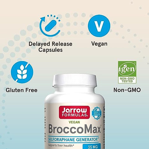 BroccoMax Gerador de Sulforafano 35 mg com Glucosinolato de Sulforafano e Mirosinase, Suplemento Alimentar para Suporte à Saúde do Fígado, 120 Cápsulas Vegetais de Liberação Retardada - Jarrow Formulas