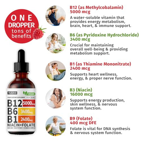 NUSAVA - (2 Pacotes) Gotas Líquidas de Vitamina B12, B12 Sublingual 5000 mcg, Complexo de Vitamina B com Vitamina B6, B12 Methylcobalamin Líquida Suporta Energia, Cérebro