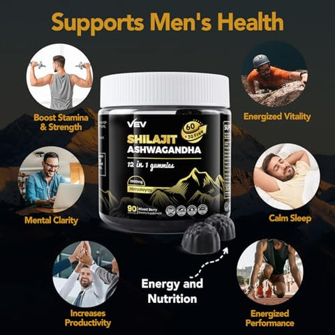 Gummies de Shilajit com Ashwagandha, Sea Moss e Óleo de Semente Preta – Potencialize sua saúde com ingredientes naturais! - VEV