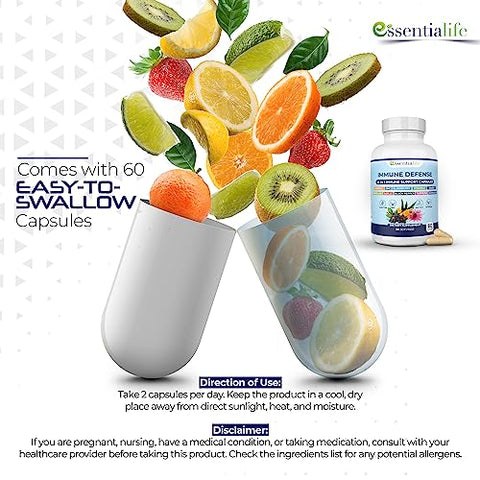 Essentialife - Suplemento 10 em 1 para Suporte Imunológico: Sabugueiro, Equinácea, Vitamina D, Vitamina C 1000mg