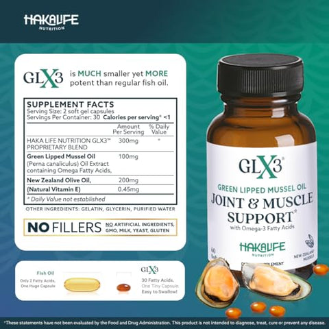 HAKA Life Nutrition - GLX3 Ômega-3 Extra Forte | Óleo de Mexilhão de Lábios Verdes da Nova Zelândia – Conforto, Flexibilidade, Recuperação Muscular – ETA EPA DHA Ômega 3 – 60 cápsulas