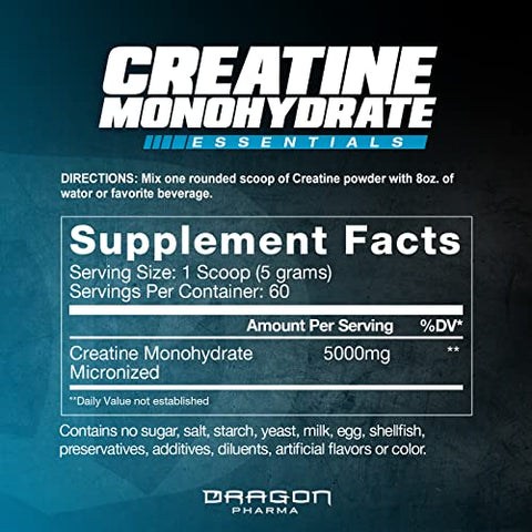 Creatine Monohydrate – Recuperação Muscular, Pós-Treino, Suporte Antioxidante (60 Porções, Sem Sabor) - DRAGON PHARMA