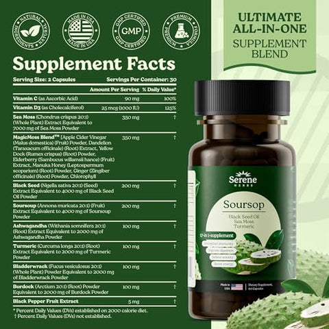 Serene herbs - Herbal Fusion – Sea Moss 7000mg, Black Seed Oil 4000mg, Soursop 4000mg, Ashwagandha 2000mg com Cúrcuma, Bladderwrack, Bardana, Vitamina C | Marca: Herbal Fusion