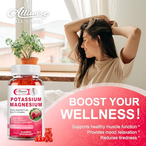 Alliwise - Gomas de Suplemento de Potássio e Magnésio com Citrato de Potássio 200mg e Glicinato de Magnésio 500mg para os Ossos