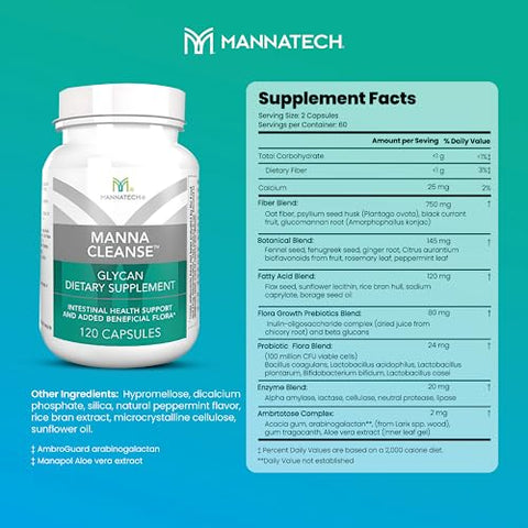 Detox Cleanse: Manna Cleanse 120 Cápsulas, Suporte Natural para a Saúde Intestinal. Ambrotose com Enzimas Digestivas, Derivado da Planta de Aloe Vera - Mannatech