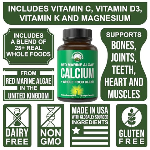 Peak Performance - Cálcio à base de plantas – Suplemento de cálcio de algas marinhas vermelhas com vitamina C, D3, K, magnésio e mistura de vegetais integrais. Cápsulas veganas para ossos e articulações. 120 cálcio